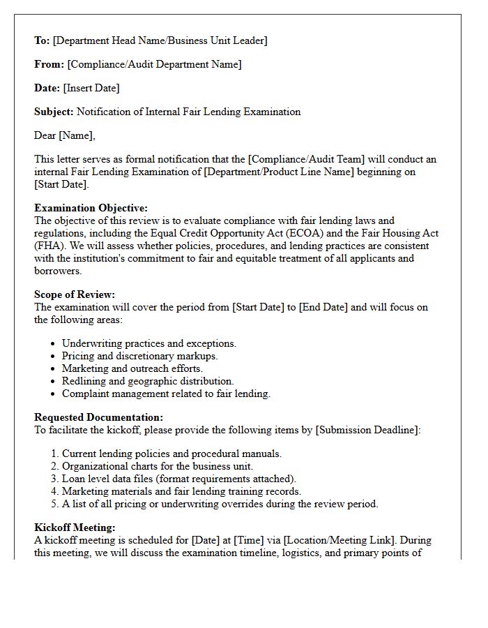 Internal Fair Lending Examination Kickoff Letter