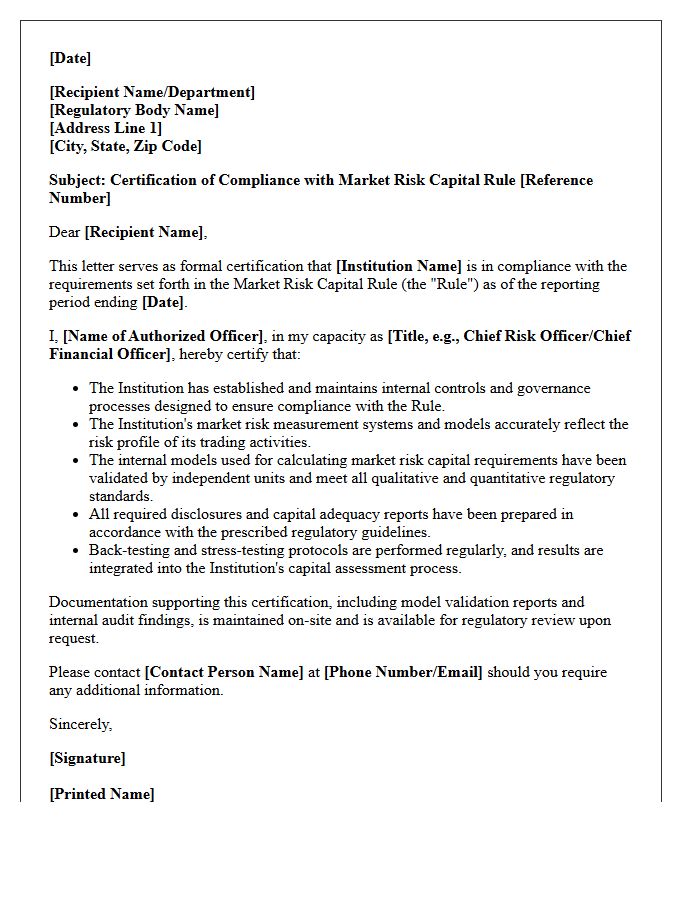 Market Risk Capital Rule Compliance Certification Letter