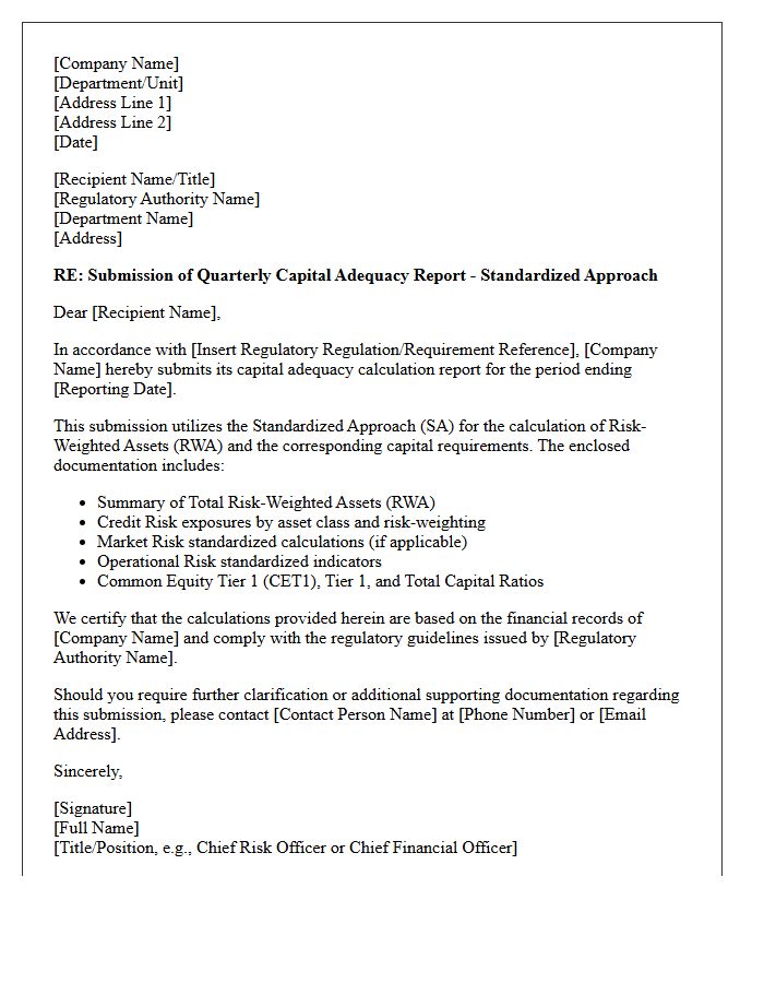 Standardized Approach Capital Calculation Submission Letter