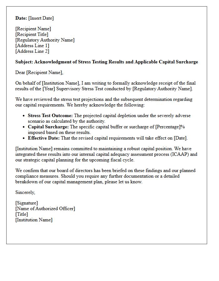 Stress Testing and Capital Surcharge Acknowledgment Letter