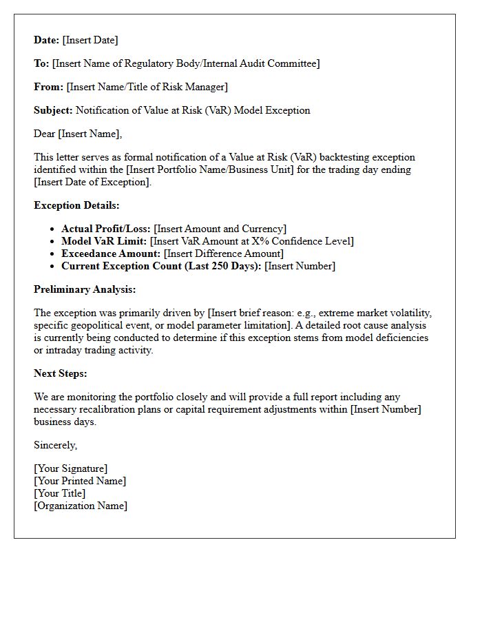 Value at Risk Model Exception Notification Letter