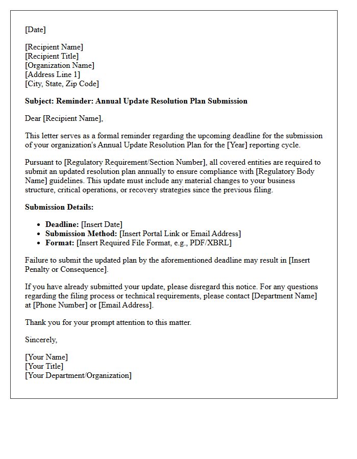 Annual Update Resolution Plan Submission Reminder Letter