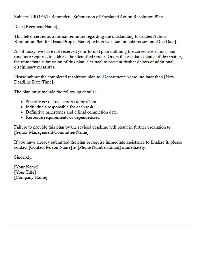 Escalated Action Resolution Plan Submission Reminder Letter