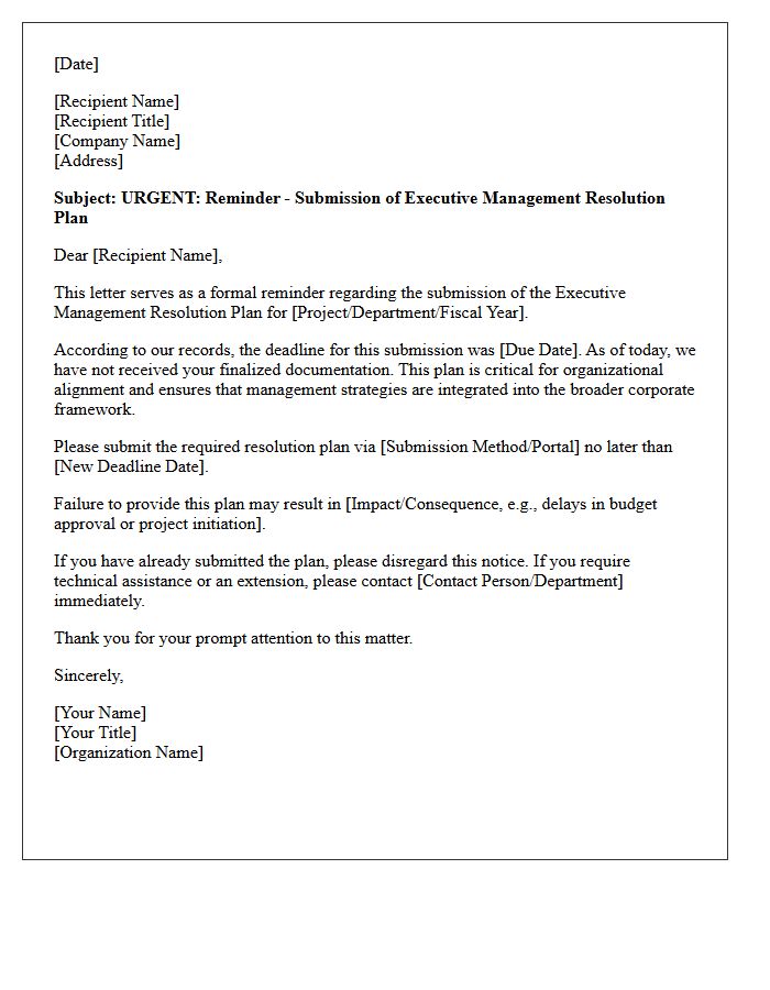 Executive Management Resolution Plan Submission Reminder Letter