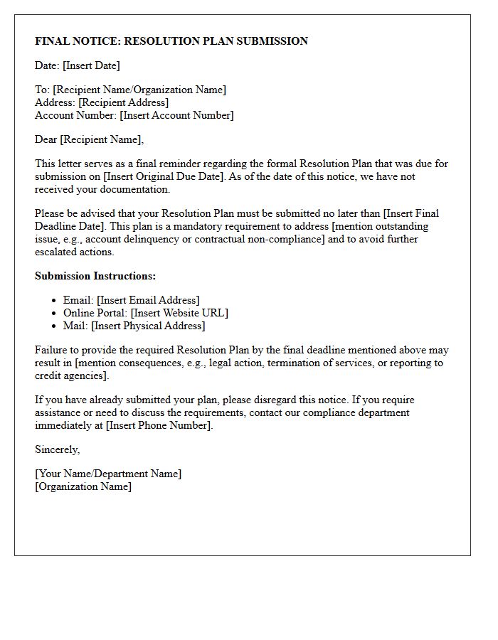 Final Notice Resolution Plan Submission Reminder Letter