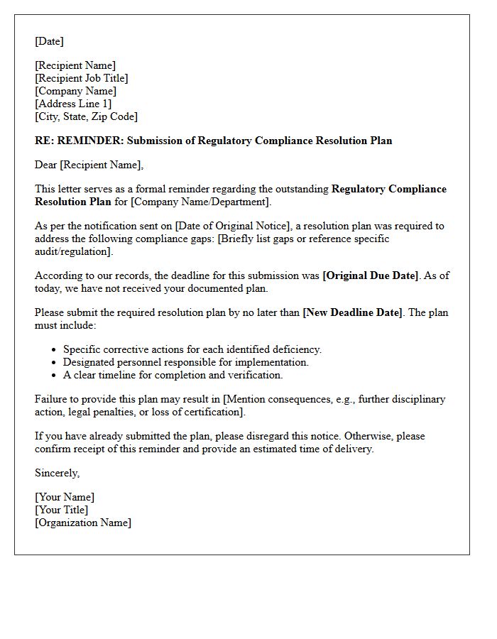 Regulatory Compliance Resolution Plan Submission Reminder Letter