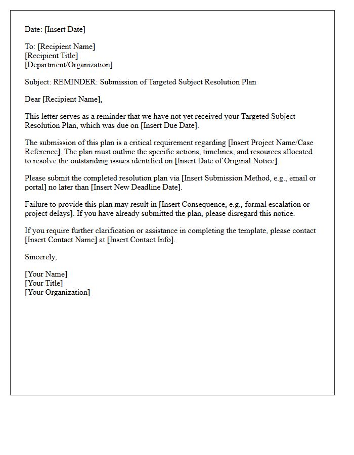 Targeted Subject Resolution Plan Submission Reminder Letter