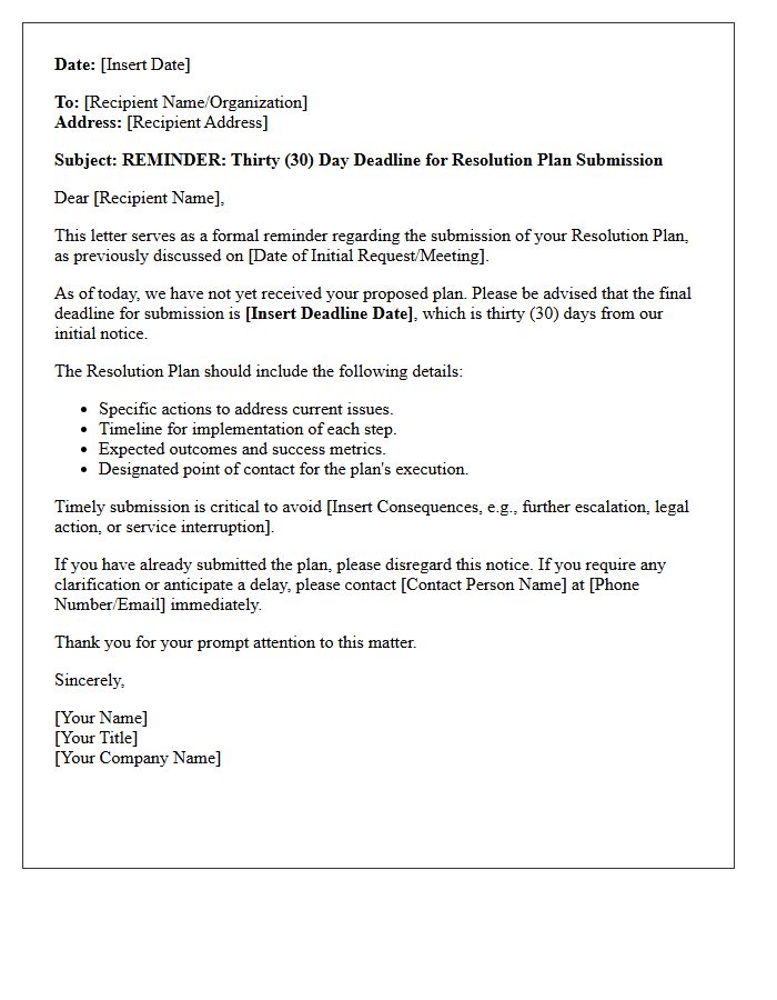 Thirty Day Deadline Resolution Plan Submission Reminder Letter