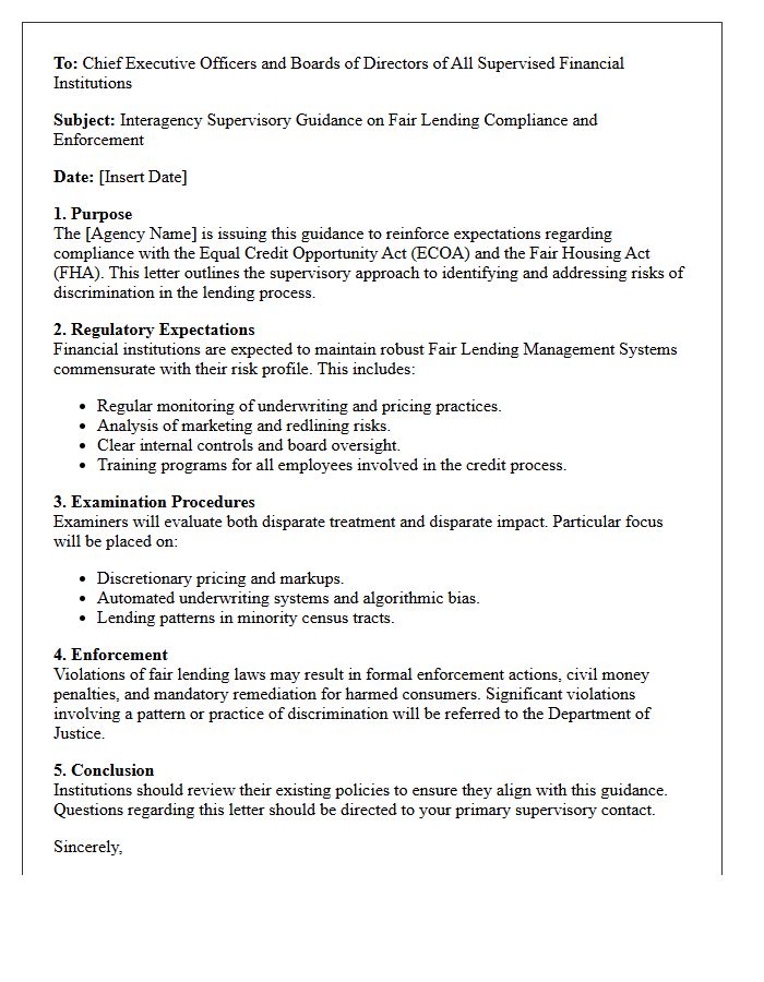 Interagency Supervisory Guidance Letter on Fair Lending Compliance and Enforcement