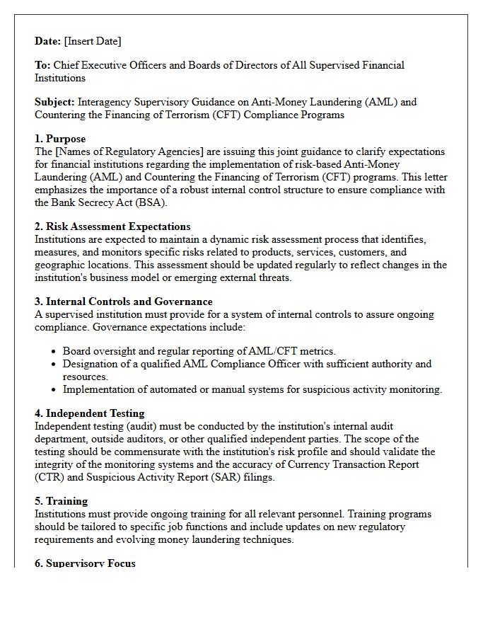 Interagency Supervisory Guidance Letter Regarding Anti-Money Laundering Compliance