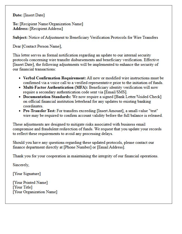 Beneficiary Verification Wire Transfer Protocol Adjustment Letter