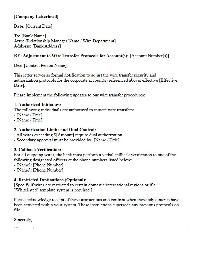Corporate Account Wire Transfer Protocol Adjustment Letter