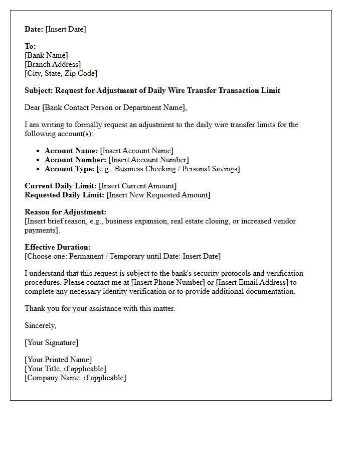 Daily Transaction Limit Wire Transfer Protocol Adjustment Letter