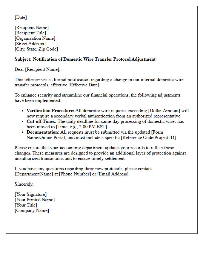 Domestic Processing Wire Transfer Protocol Adjustment Letter