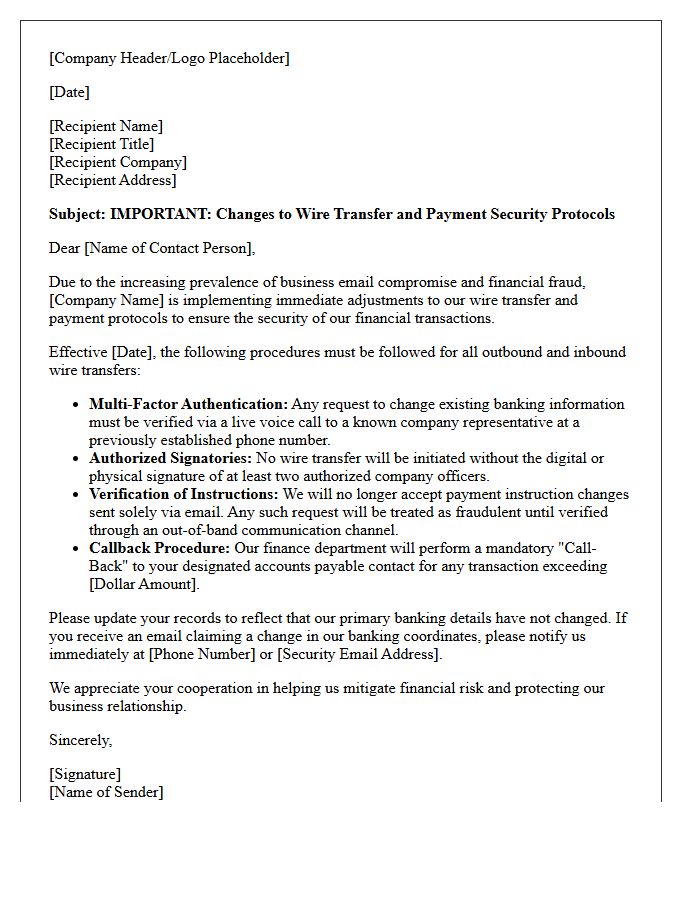 Fraud Mitigation Wire Transfer Protocol Adjustment Letter