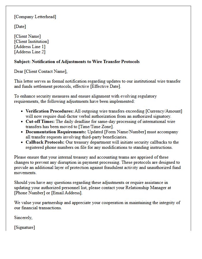 Institutional Client Wire Transfer Protocol Adjustment Letter