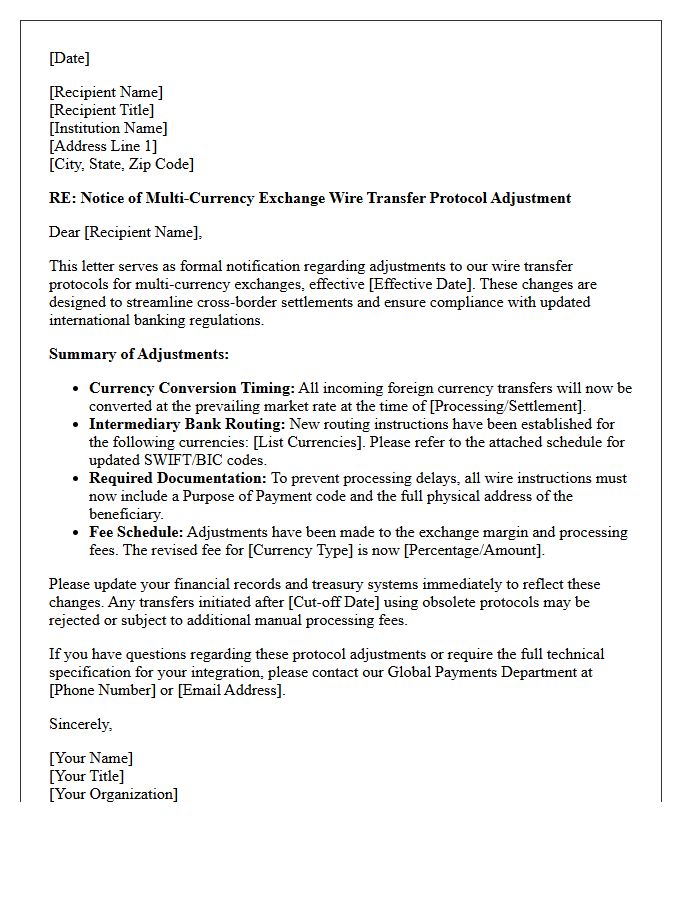 Multi-Currency Exchange Wire Transfer Protocol Adjustment Letter