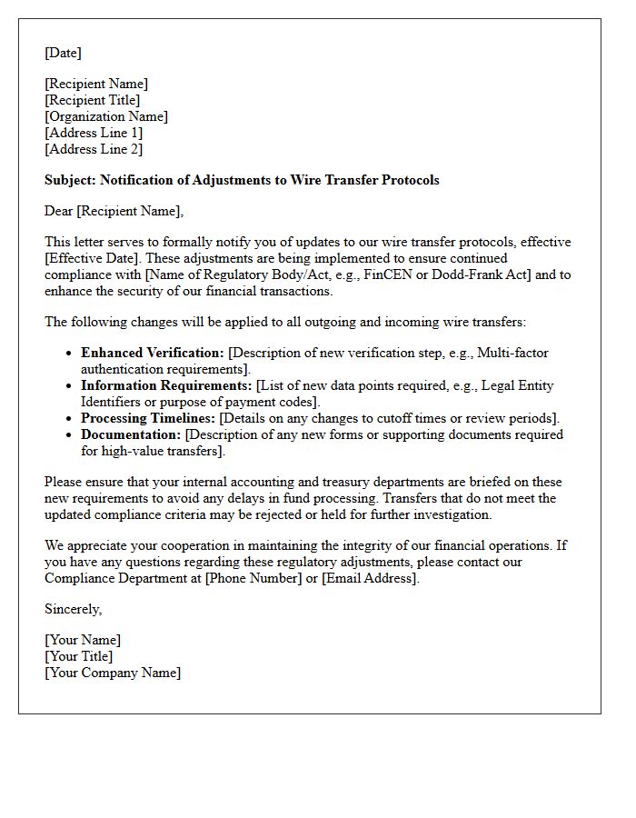 Regulatory Compliance Wire Transfer Protocol Adjustment Letter