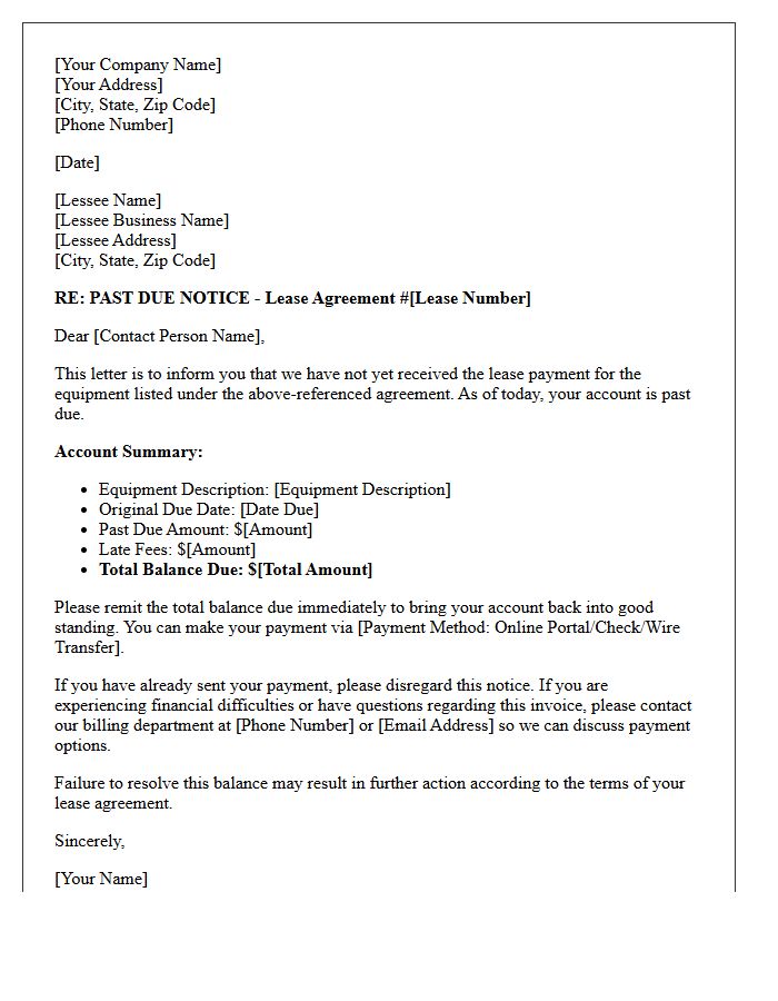 Commercial Equipment Lease Past Due Notice Letter