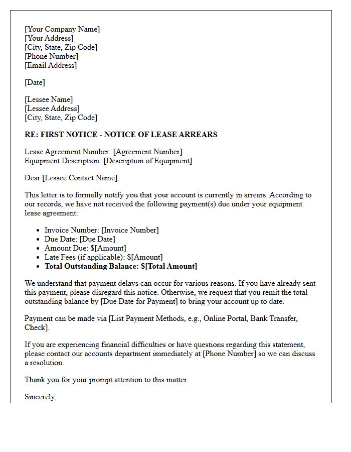 Equipment Lease Arrears First Notice Letter