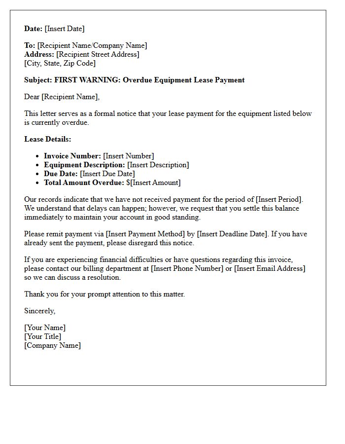 First Warning Letter for Overdue Equipment Lease