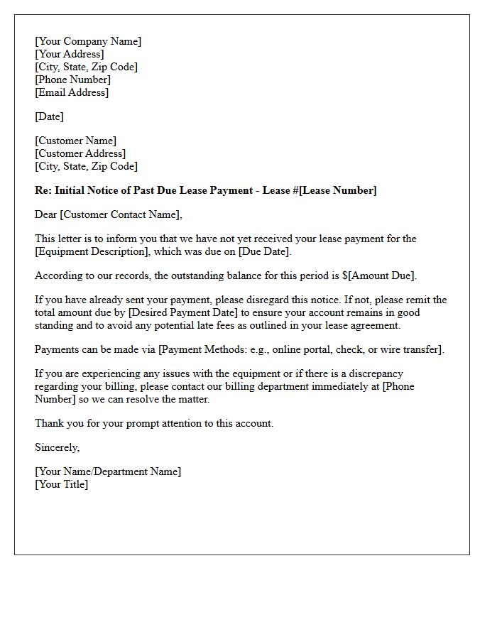Initial Notice of Past Due Equipment Lease Letter
