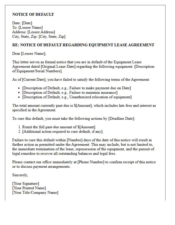 Notice of Default Letter for Equipment Lease Agreement