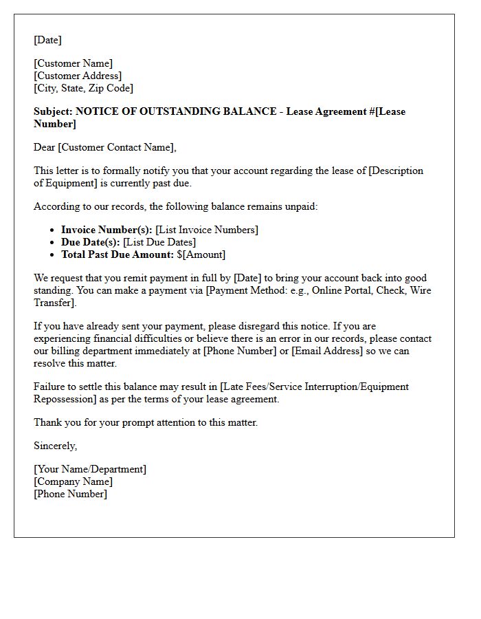 Outstanding Balance Notice Letter for Leased Equipment