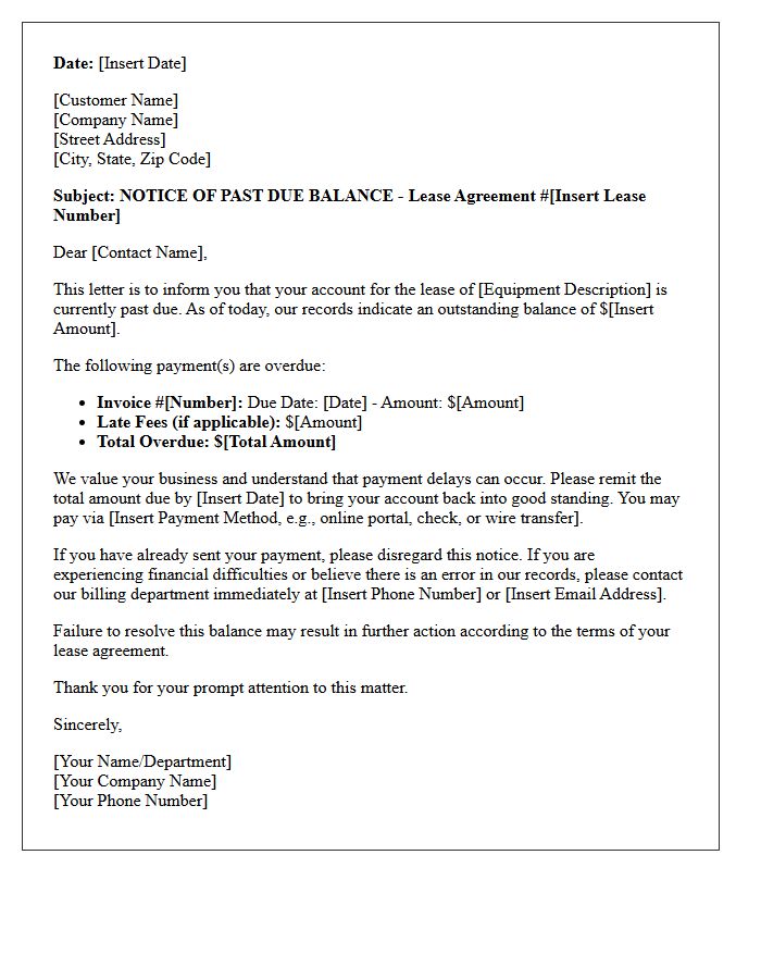 Past Due Balance Letter on Equipment Lease