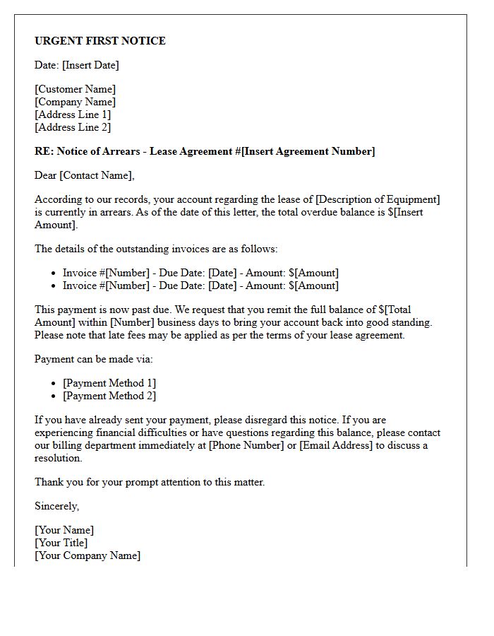 Urgent First Notice Letter for Equipment Lease Arrears
