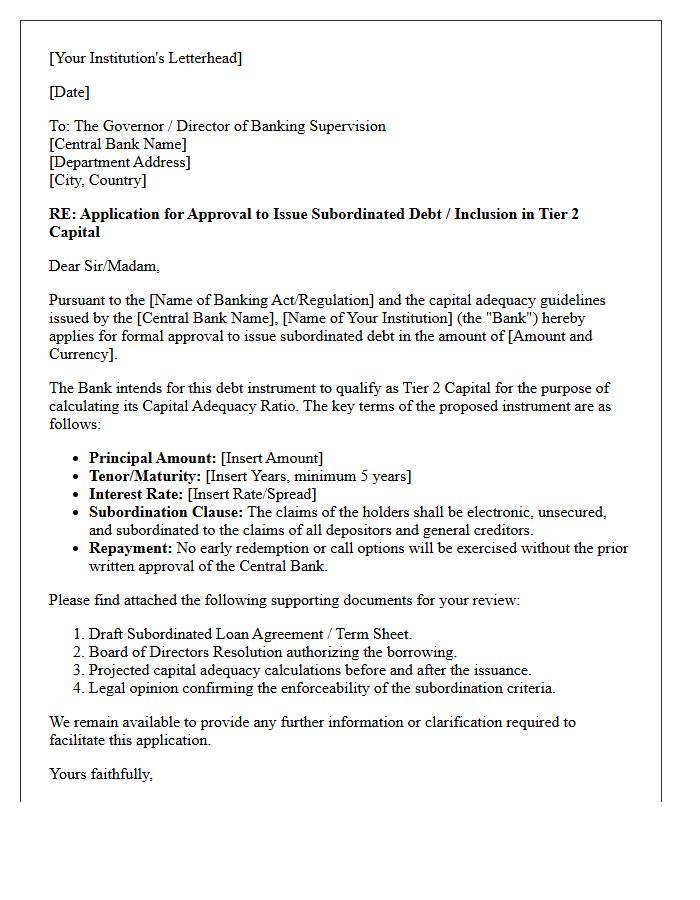 Central Bank Subordinated Debt Application Letter