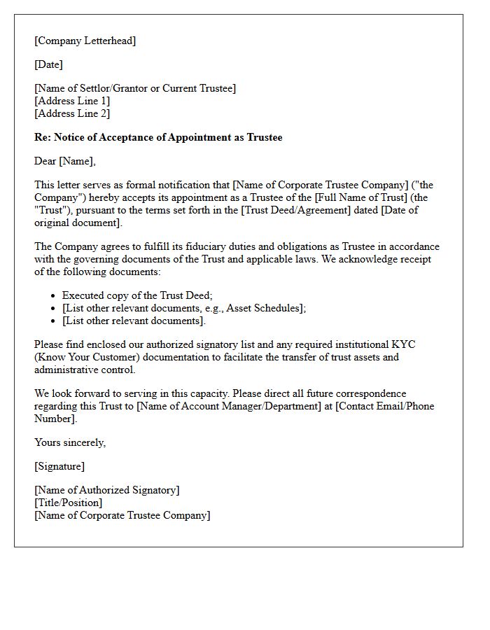 Corporate Trustee Appointment Acceptance Letter