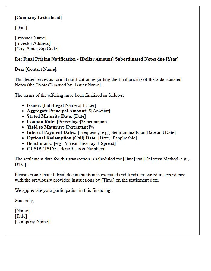 Final Subordinated Debt Pricing Letter