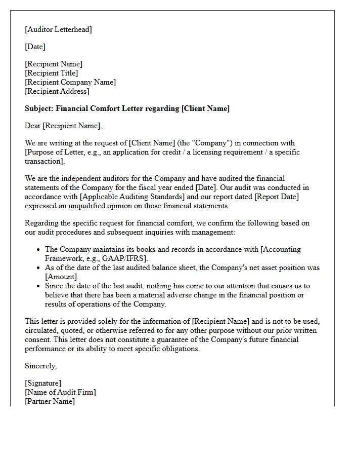 Independent Auditor Financial Comfort Letter