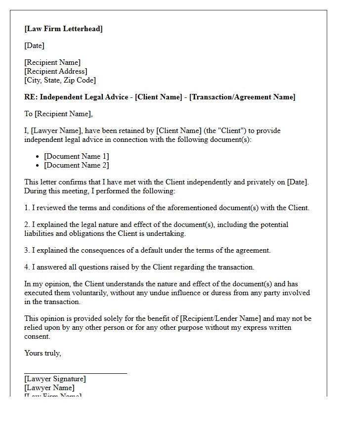 Independent Legal Counsel Opinion Letter