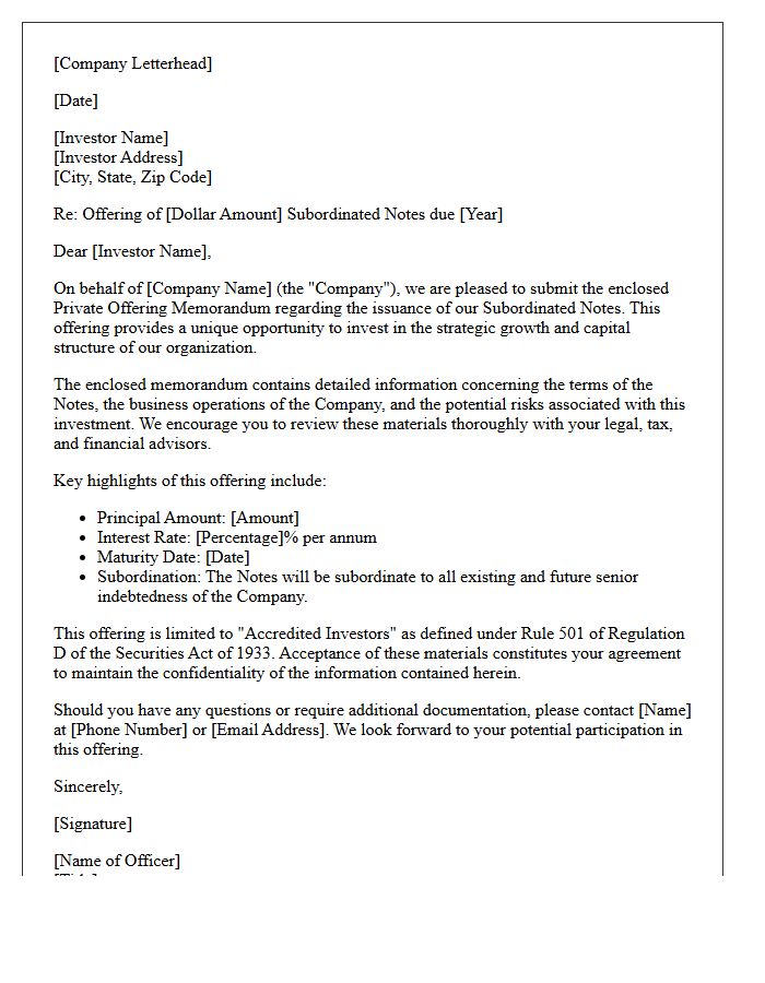 Subordinated Note Offering Memorandum Cover Letter