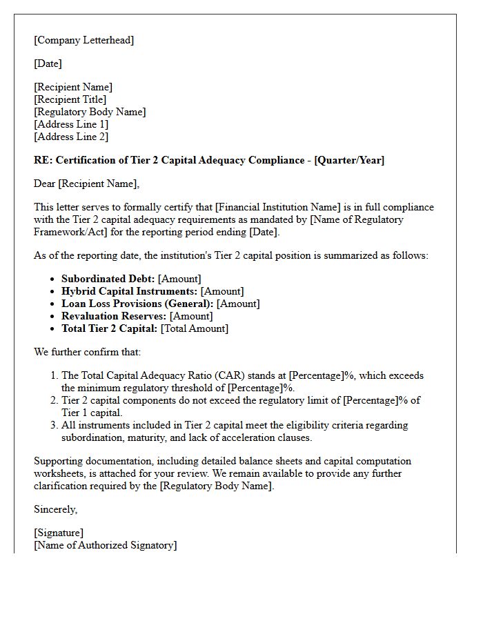 Tier Two Capital Adequacy Compliance Letter