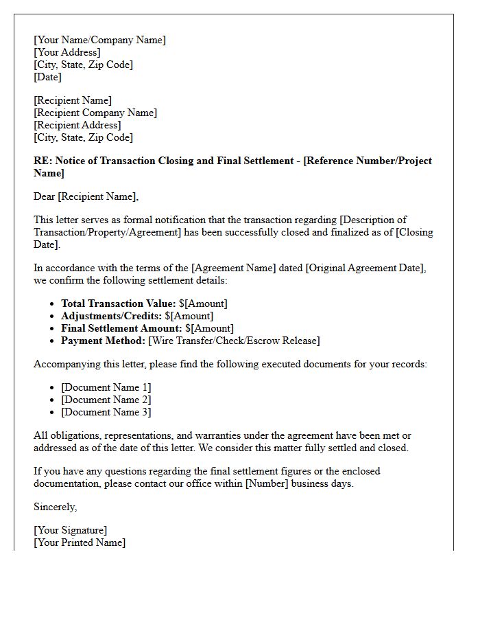 Transaction Closing And Settlement Letter