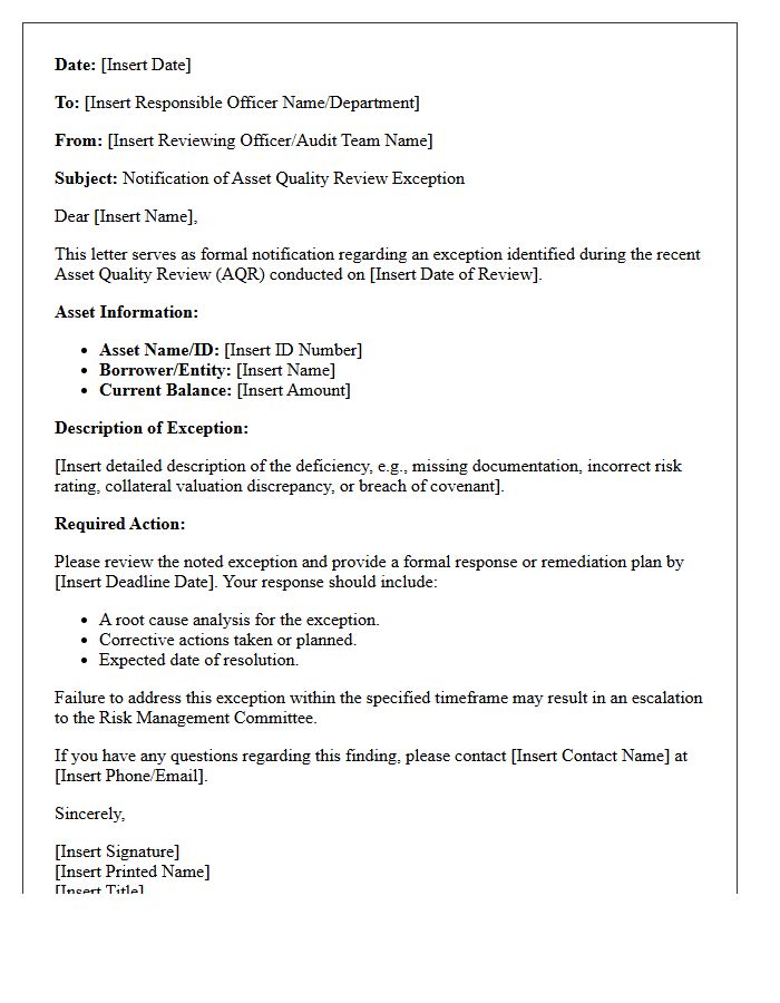 Asset Quality Review Exception Notification Letter
