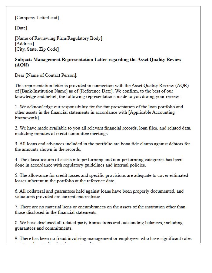 Asset Quality Review Management Representation Letter