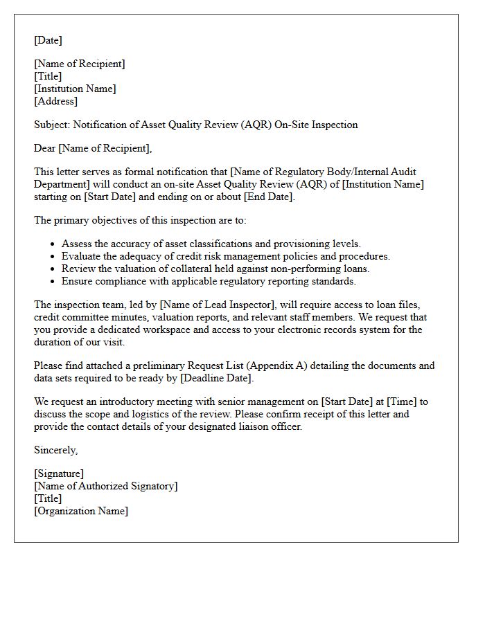 Asset Quality Review On-Site Inspection Letter