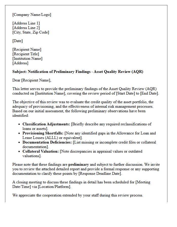 Asset Quality Review Preliminary Findings Letter