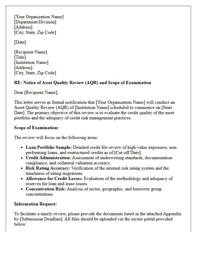 Asset Quality Review Scope of Examination Letter