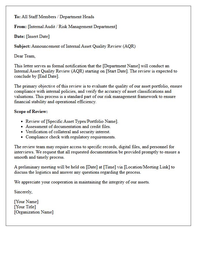 Internal Asset Quality Review Announcement Letter
