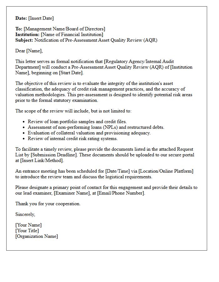 Pre-Assessment Asset Quality Review Notification Letter