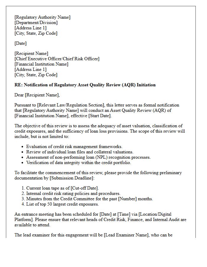 Regulatory Asset Quality Review Initiation Letter