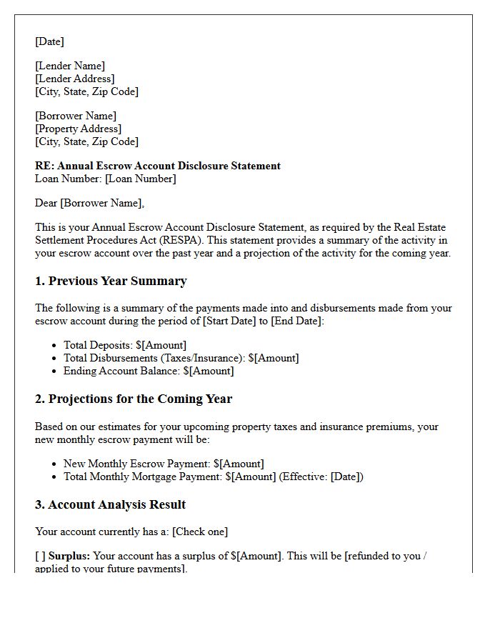 Annual Escrow Account Disclosure Letter