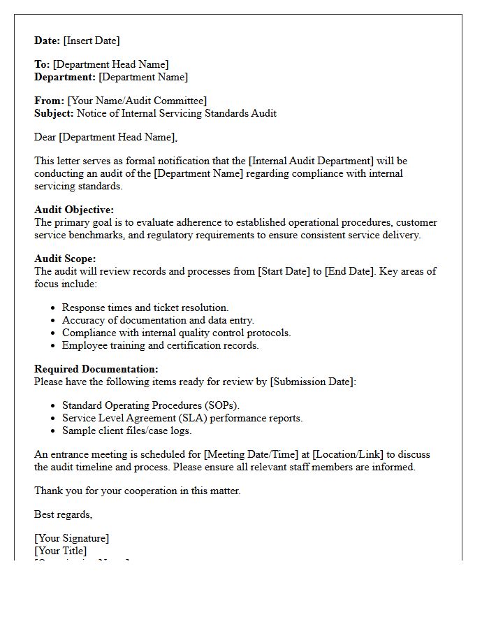 Internal Servicing Standards Audit Letter