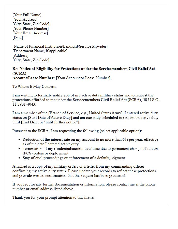 Servicemembers Civil Relief Act Eligibility Letter