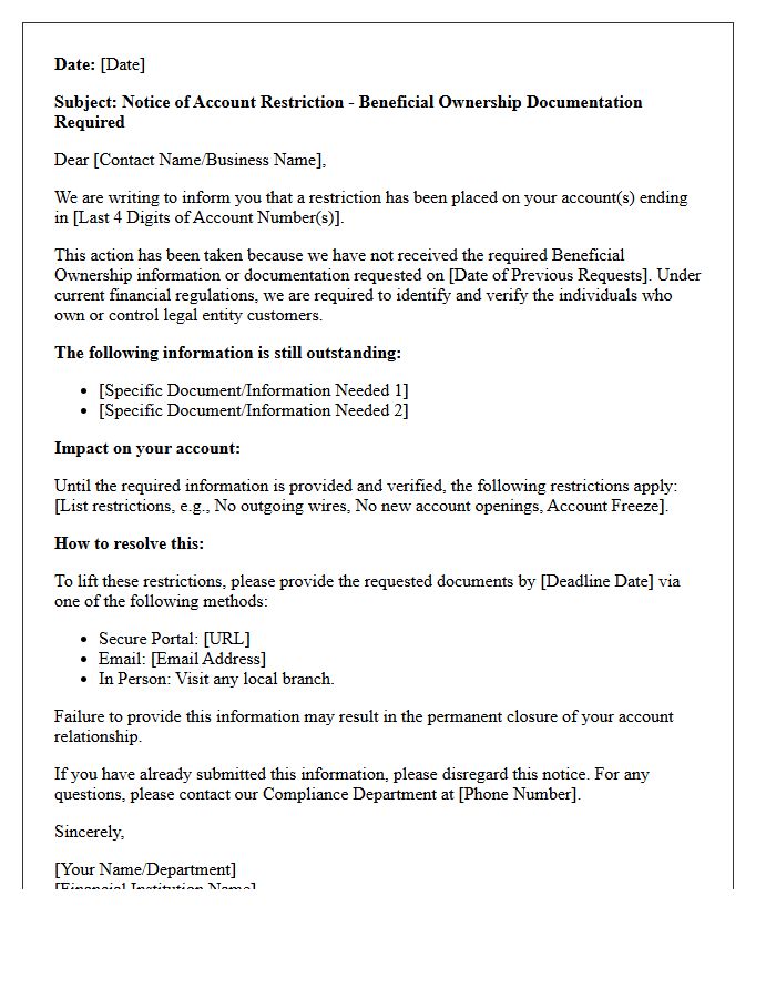 Account Restriction Letter Due to Beneficial Ownership Deficiencies